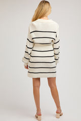 White-Black Striped Knit Collared Long Sleeve Maternity Sweater Dress