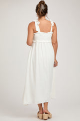 White Ruffle Accent Shoulder Tie Maternity Midi Dress