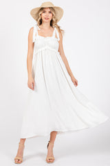 White Ruffle Accent Shoulder Tie Maternity Midi Dress