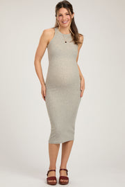 Heather Grey Sleeveless Ribbed Fitted Maternity Midi Dress