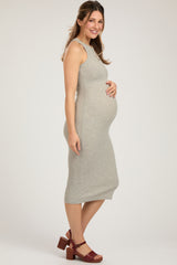 Heather Grey Sleeveless Ribbed Fitted Maternity Midi Dress