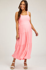 Salmon Sleeveless Tiered Maternity Maxi Dress