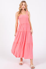 Salmon Sleeveless Tiered Maternity Maxi Dress