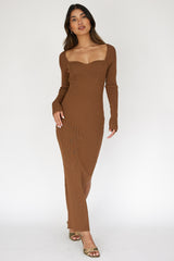 Brown Rib Knit Long Sleeve Maternity Maxi Dress