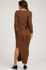 Brown Rib Knit Long Sleeve Maternity Maxi Dress