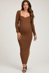 Brown Rib Knit Long Sleeve Maternity Maxi Dress