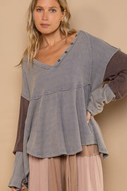 Navy V-Neck Long Sleeve Button Detail Babydoll Knit Top