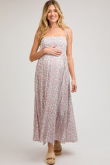 Cream Floral Sleeveless Pocketed Maternity Maxi Dress