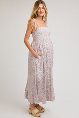 Cream Floral Sleeveless Pocketed Maternity Maxi Dress