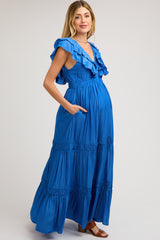 Blue Layered Ruffle Tiered Maternity Maxi Dress