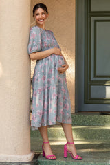 Grey Floral Smocked Ruffle Hem Maternity Midi Dress