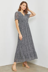 Black Dotted Smocked V-Neck Short Sleeve Maternity Maxi Dress