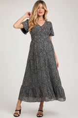 Black Dotted Smocked V-Neck Short Sleeve Maternity Maxi Dress