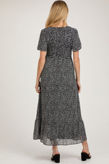 Black Dotted Smocked V-Neck Short Sleeve Maternity Maxi Dress