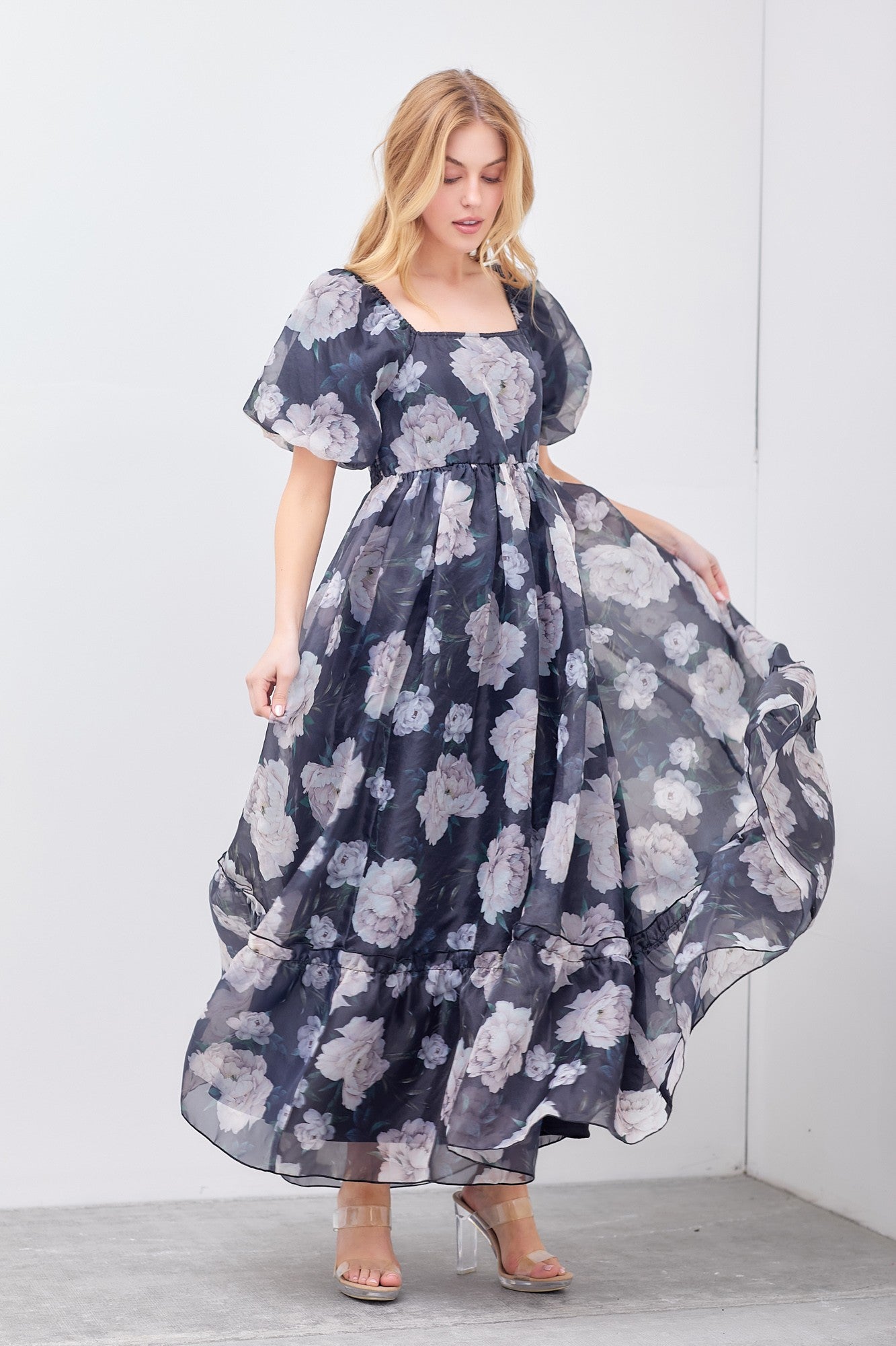 Black Floral Organza Square Neck Midi Dress – PinkBlush