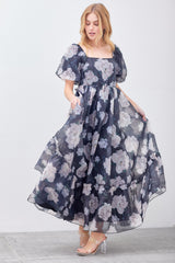 Black Floral Organza Square Neck Midi Dress