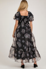 Black Floral Organza Square Neck Maternity Midi Dress