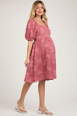 Mauve Textured Floral Square Neck Puff Sleeve Maternity Dress