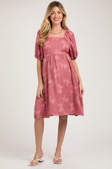 Mauve Textured Floral Square Neck Puff Sleeve Maternity Dress