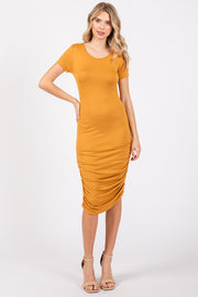 Mustard Ruched Fitted Dress