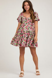 Red Multi-Color Floral Puff Sleeve Ruffle Hem Maternity Dress