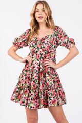 Red Multi-Color Floral Puff Sleeve Ruffle Hem Maternity Dress