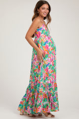 Green Floral Sleeveless Ruffle Hem Maternity Maxi Dress