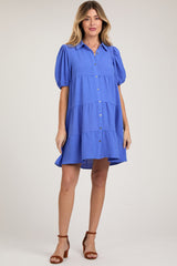 Blue Button Front Tiered Collared Maternity Dress