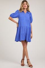 Blue Button Front Tiered Collared Maternity Dress