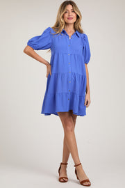 Blue Button Front Tiered Collared Maternity Dress