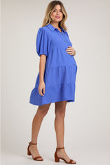 Blue Button Front Tiered Collared Maternity Dress