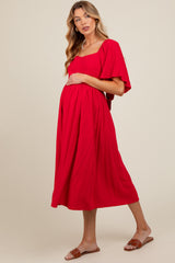 Red Flutter Short Sleeve Back Tie Cutout Maternity Midi Dress