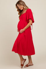 Red Flutter Short Sleeve Back Tie Cutout Maternity Midi Dress