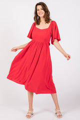 Red Flutter Short Sleeve Back Tie Cutout Maternity Midi Dress