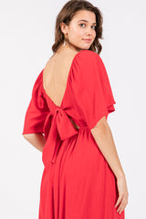 Red Flutter Short Sleeve Back Tie Cutout Midi Dress