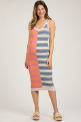 Blue Colorblock Striped Fitted Maternity Midi Dress