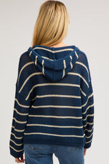 Navy Striped Open Knit Hooded Maternity Long Sleeve Top