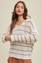 Cream Striped Open Knit Hooded Long Sleeve Top