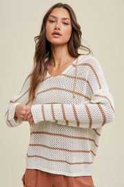 Cream Striped Open Knit Hooded Long Sleeve Top