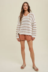 Cream Striped Open Knit Hooded Long Sleeve Top