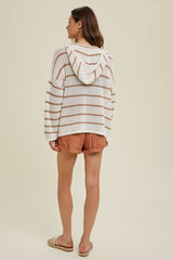 Cream Striped Open Knit Hooded Long Sleeve Top