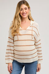 Cream Striped Open Knit Hooded Maternity Long Sleeve Top