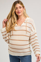 Cream Striped Open Knit Hooded Maternity Long Sleeve Top