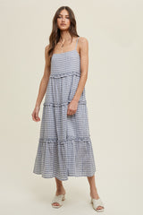 Blue Gingham Ruffle Tiered Midi Dress