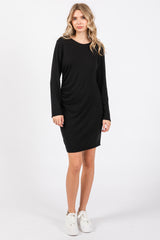 Black Ribbed Side Ruched Fitted Dress