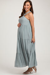 Light Blue Halter Tiered Maternity Maxi Dress