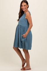 Blue Sleeveless Textured Maternity Dress