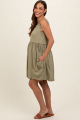 Olive Sleeveless Textured Maternity Dress