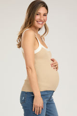 Taupe Ribbed Square Neck Contrast Strap Maternity Top