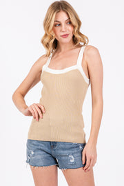 Taupe Ribbed Square Neck Contrast Strap Top